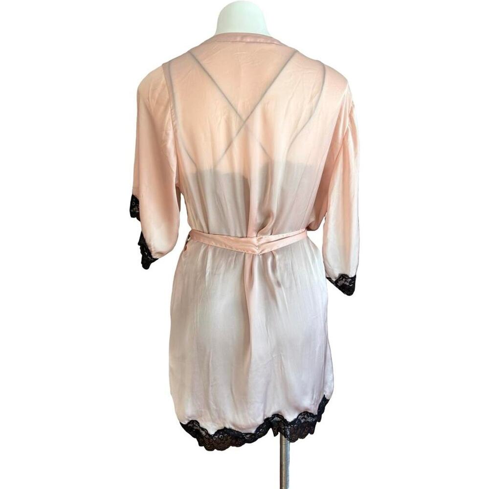 Pink Robe with Black Lace Trim and Black Chemise 2 Piece Set Sz S - Picture 4 of 8